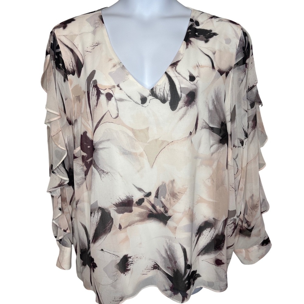 CALVIN KLEIN Womens Cream Floral Ruffle Sleeve Blouse Sz 2X Office Wear Flowy